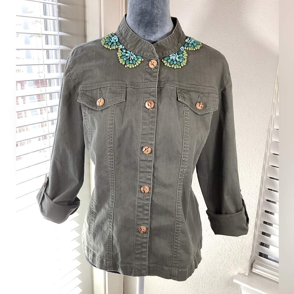 Ruby Rd Army Green Beaded Jacket Size 14 - image 1